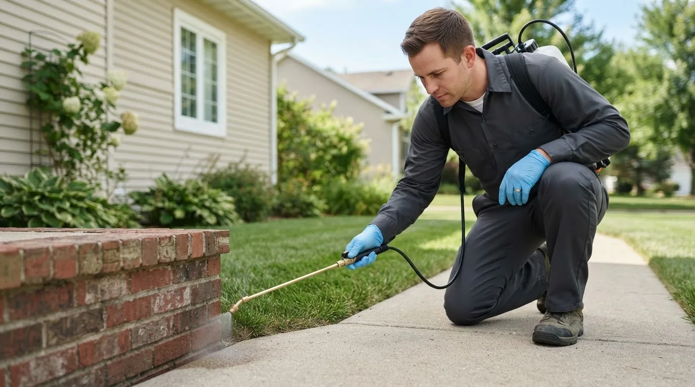 Pest control technician treating a home near Abercrombie, ND