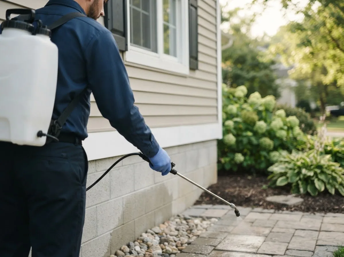 Pest control technician inspecting a home in Abercrombie, ND